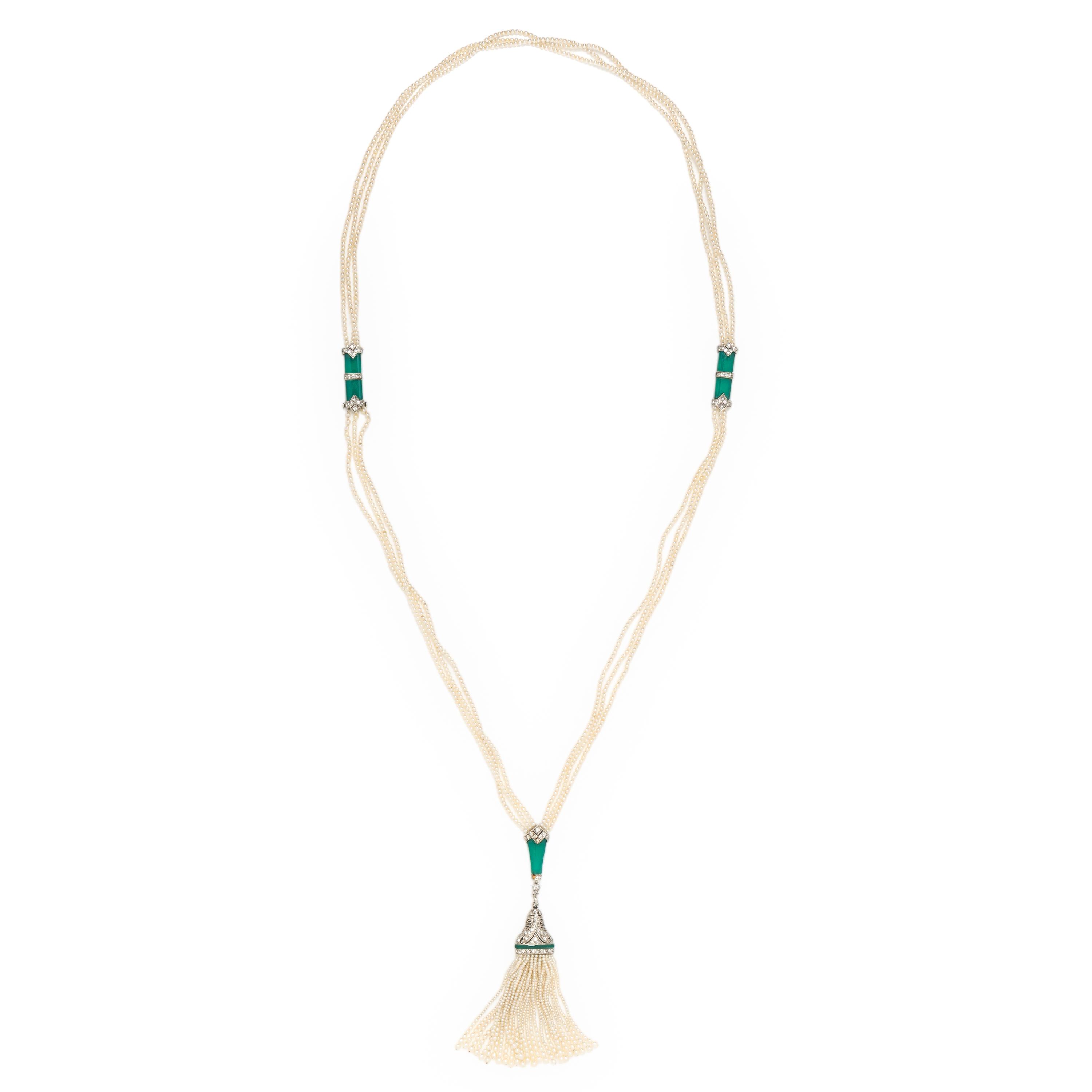ART DECO, SEED PEARL, CHRYSOPRASE, AND DIAMOND SAUTOIR NECKLACE
