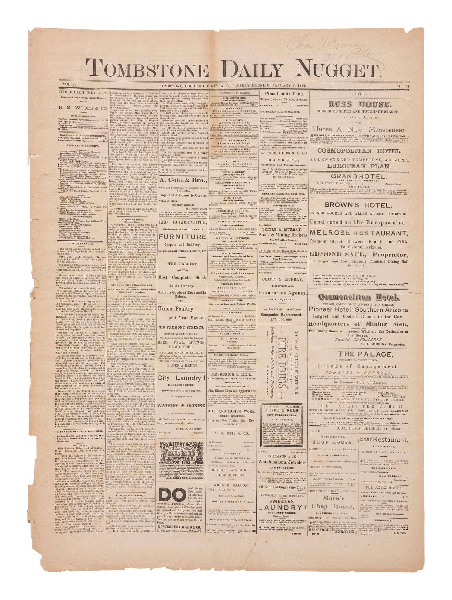 [OUTLAWS & LAWMEN]. Wyatt Earp appointed Deputy US Marshal in Tombstone Daily Nugget . Vol. 3, No. 394. Tombstone, Arizona Territory. 3 January 1882.
