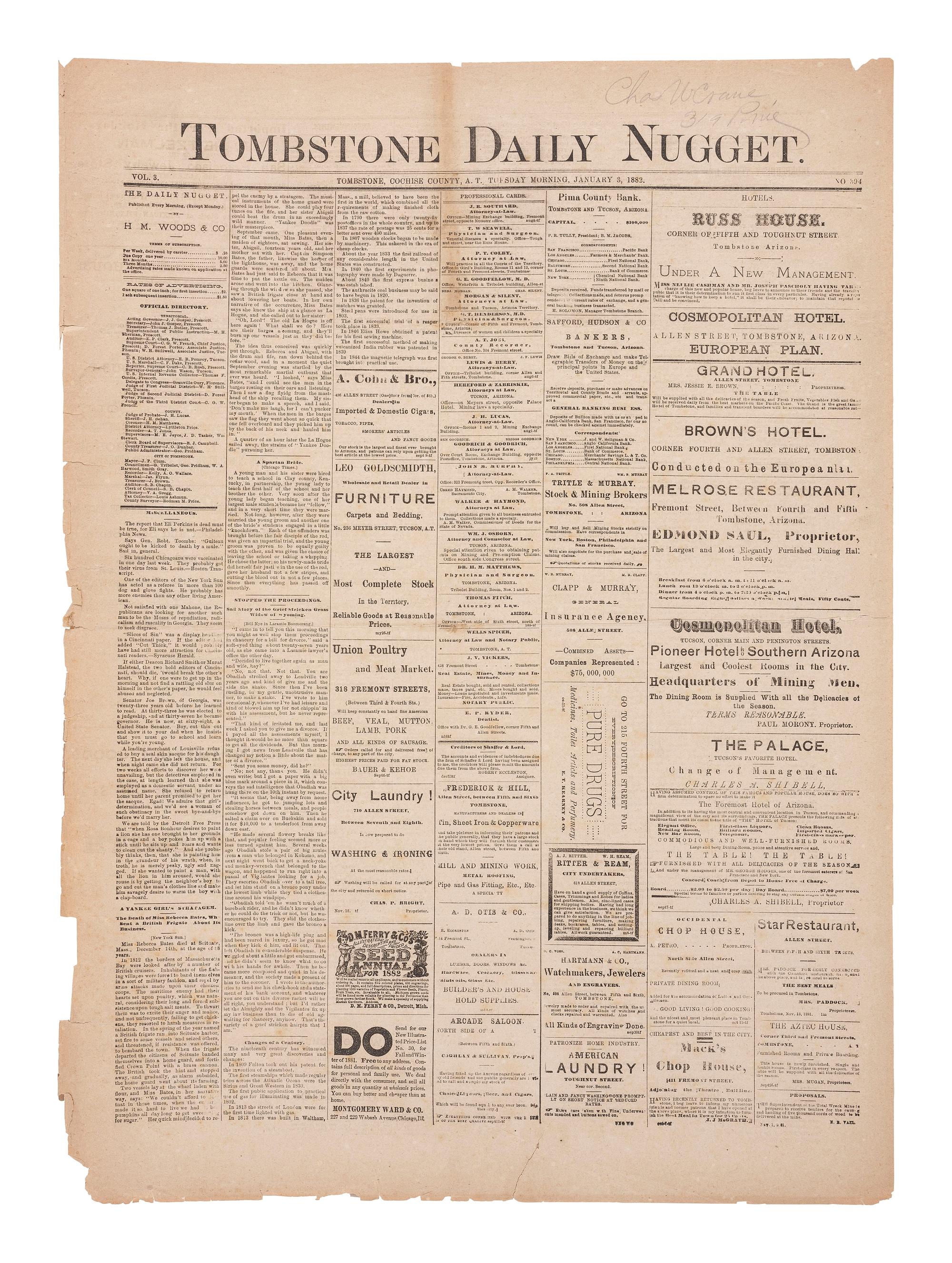 [OUTLAWS & LAWMEN]. Wyatt Earp appointed Deputy US Marshal in Tombstone Daily Nugget . Vol. 3, No. 394. Tombstone, Arizona Territory. 3 January 1882.