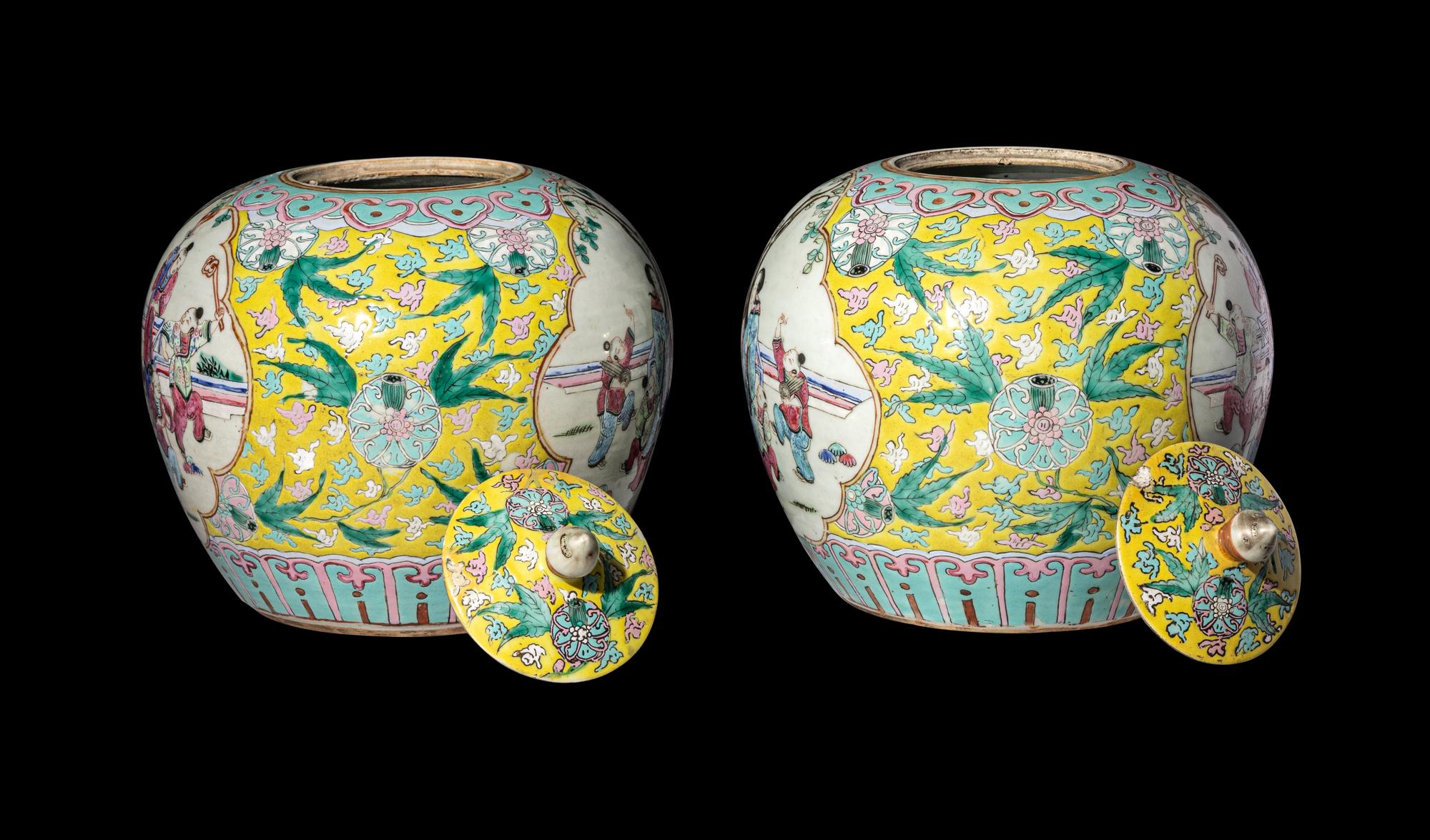 A Pair of Chinese Yellow Ground Famille Rose Porcelain Covered Jar