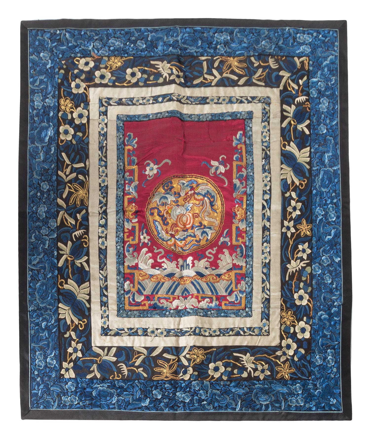 Six Chinese Embroidered Silk Panels Length of largest 26 5/8 inches.
