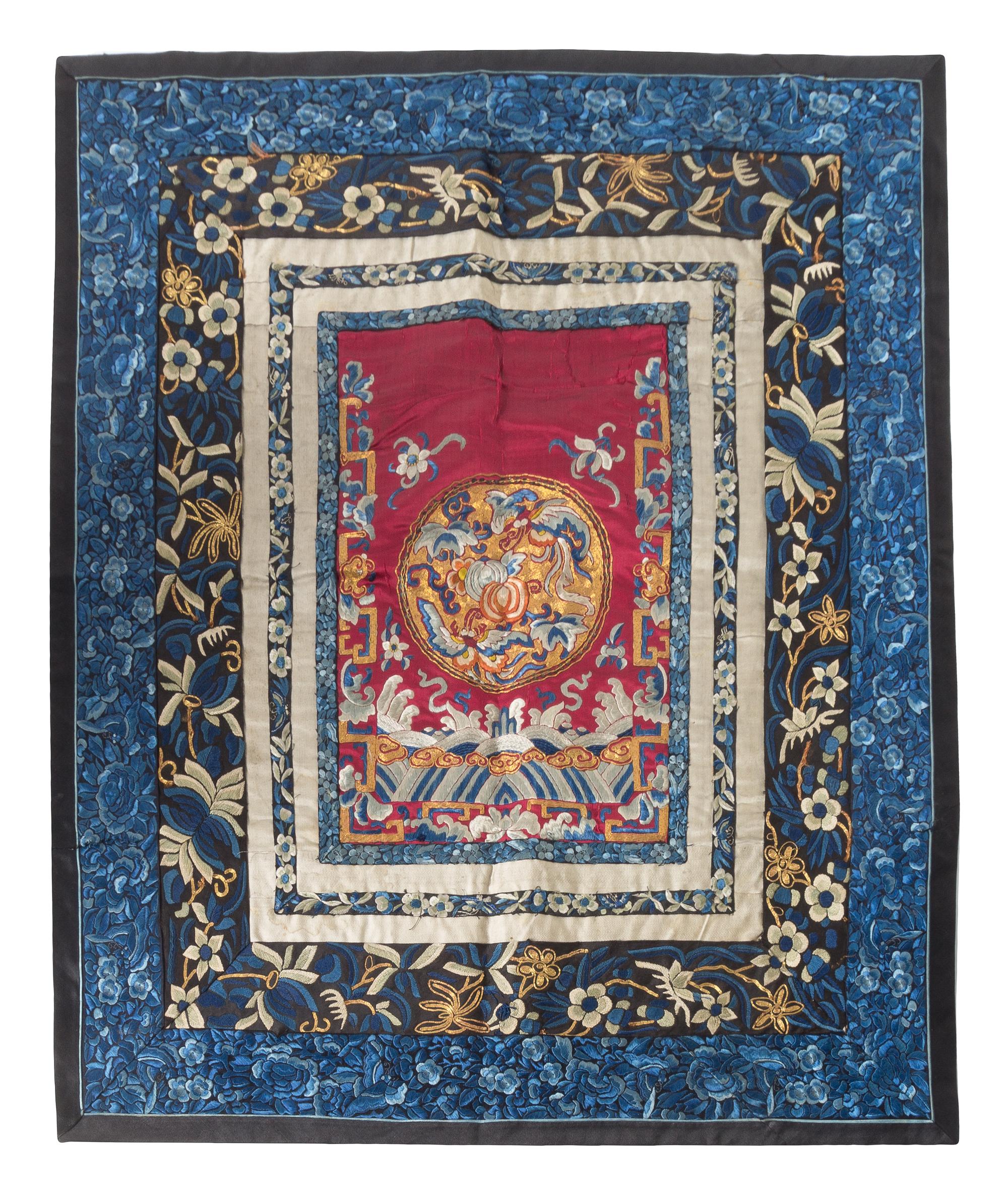 Six Chinese Embroidered Silk Panels Length of largest 26 5/8 inches.