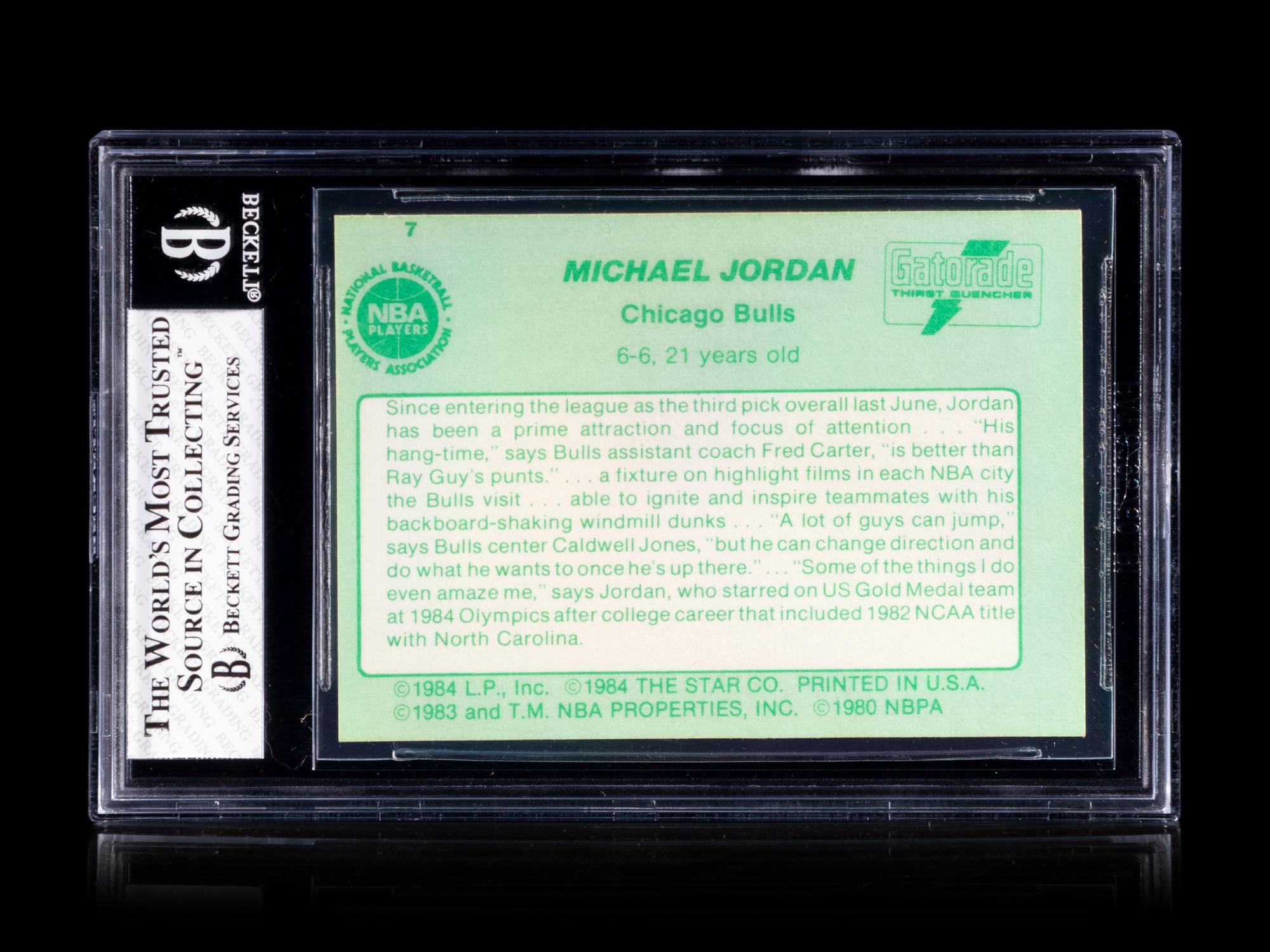 A 1985 Star Gatorade Slam Dunk Michael Jordan Basketball Card No. 7 BGS 7 Near Mint.
