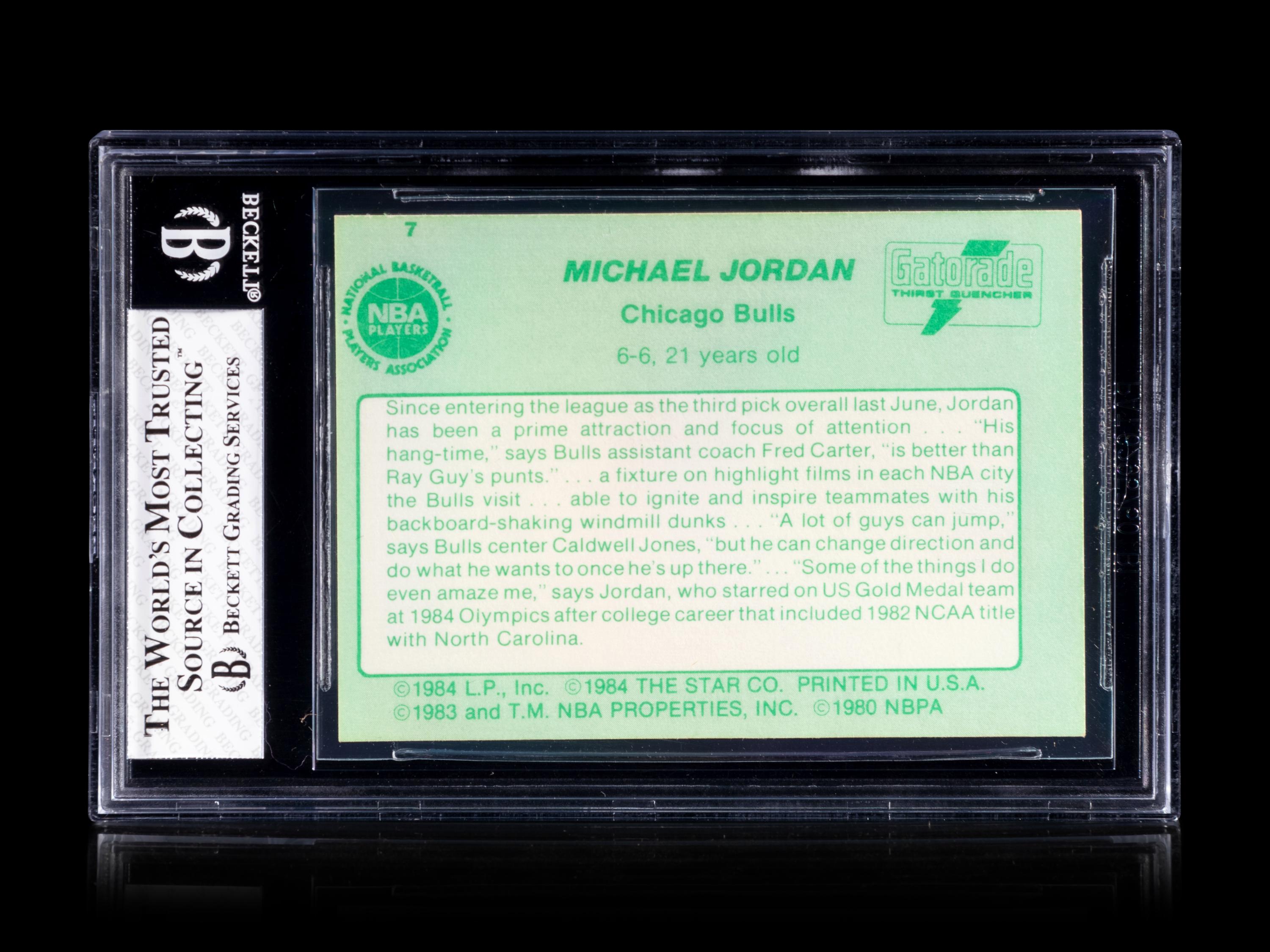 A 1985 Star Gatorade Slam Dunk Michael Jordan Basketball Card No. 7 BGS 7 Near Mint.