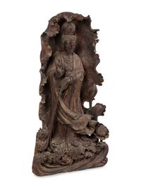 A Monumental Chinese Parcel Gilt Carved Harwood Figure of Guanyin