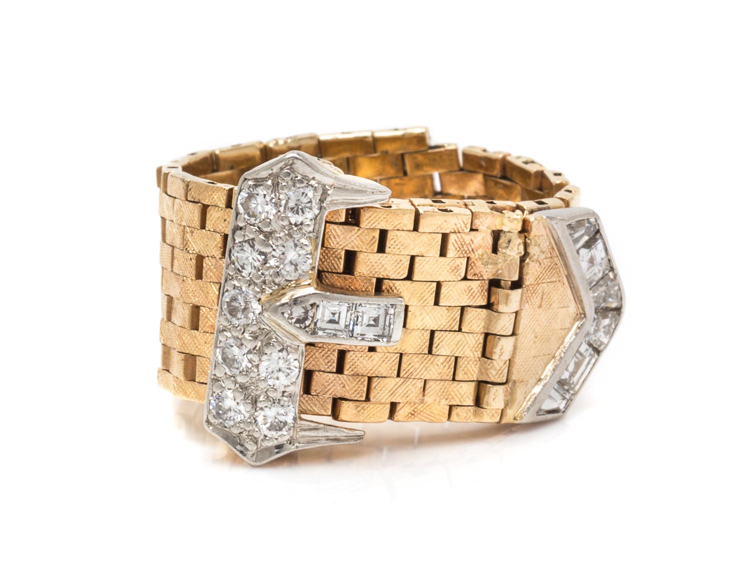 A Yellow Gold and Diamond Articulated Belt Ring, 5.40 dwts.