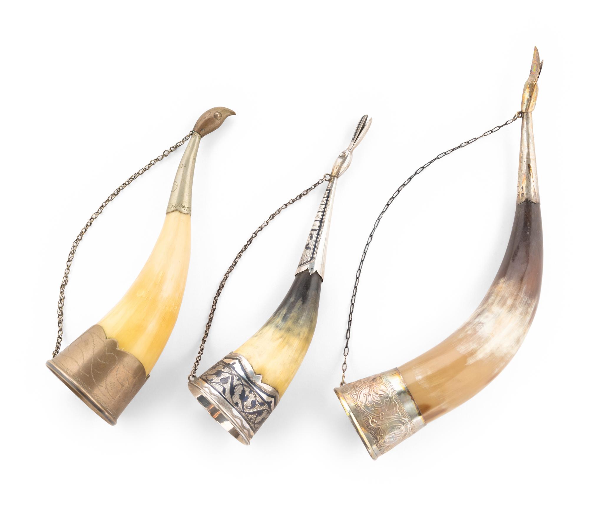 Three Russian Silver Mounted Drinking Horns