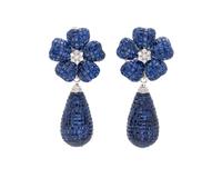 WHITE GOLD, INVISIBLY-SET SAPPHIRE AND DIAMOND FLOWER EARRINGS