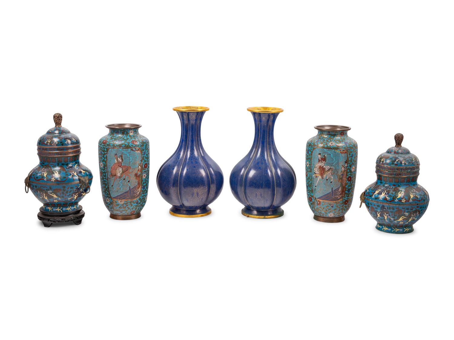 Three Pairs of Japanese Blue Ground Cloisonné Enamel Vases