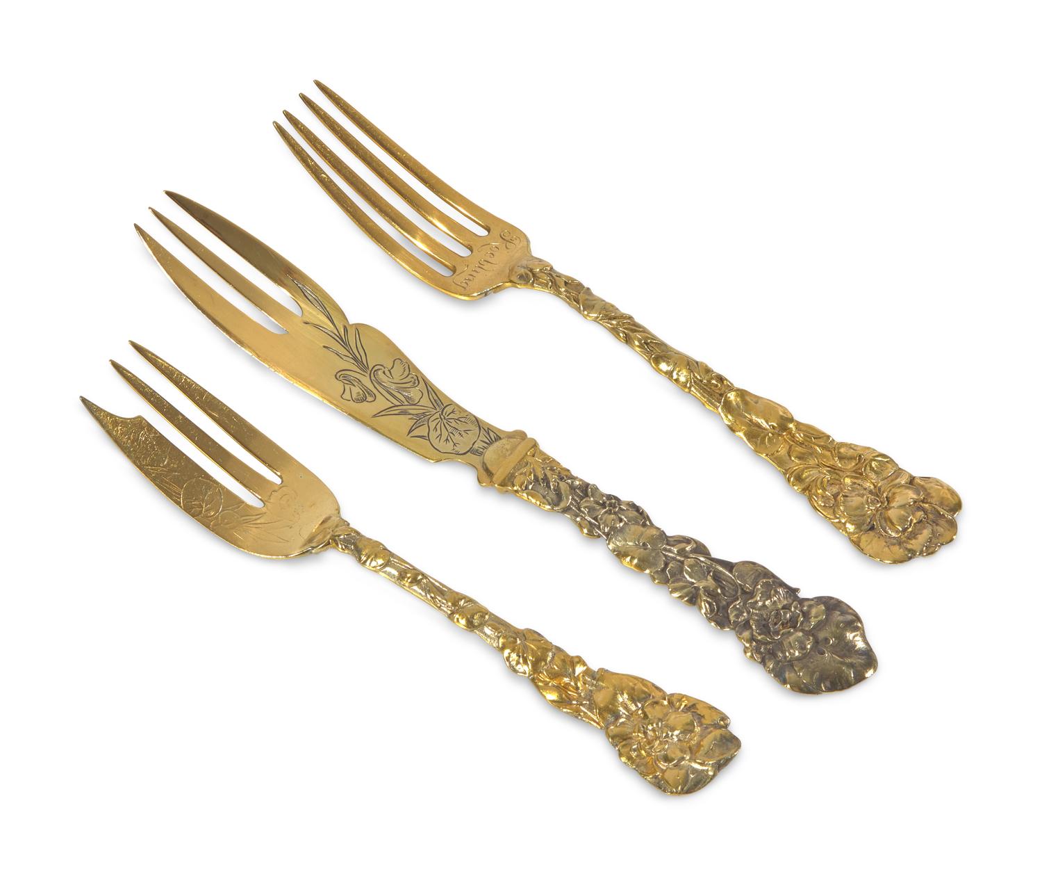 An Impressive Sterling Silver Gilt Dinner Service in the "Violet" Pattern Made for Washington Augustus Roebling and Emily Warren Roebling, Gorham Mfg. Co., Providence, RI, Most Pieces 1960, With Some Earlier Pieces Dated 1889
