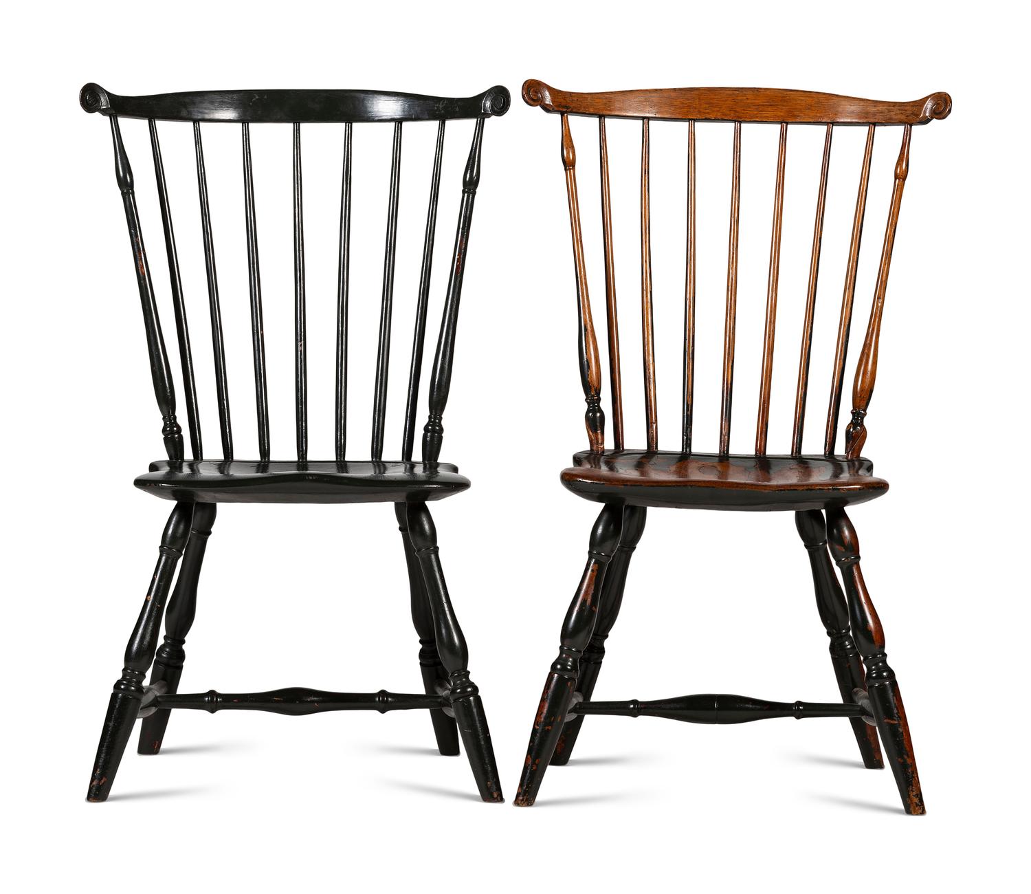 A Black-Painted Volute Carved Comb-Back Compass-Seat Windsor Side Chair