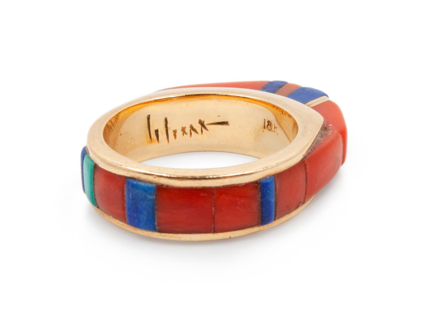 14k Gold Ring with Turquoise, Coral, and Lapis Inlay