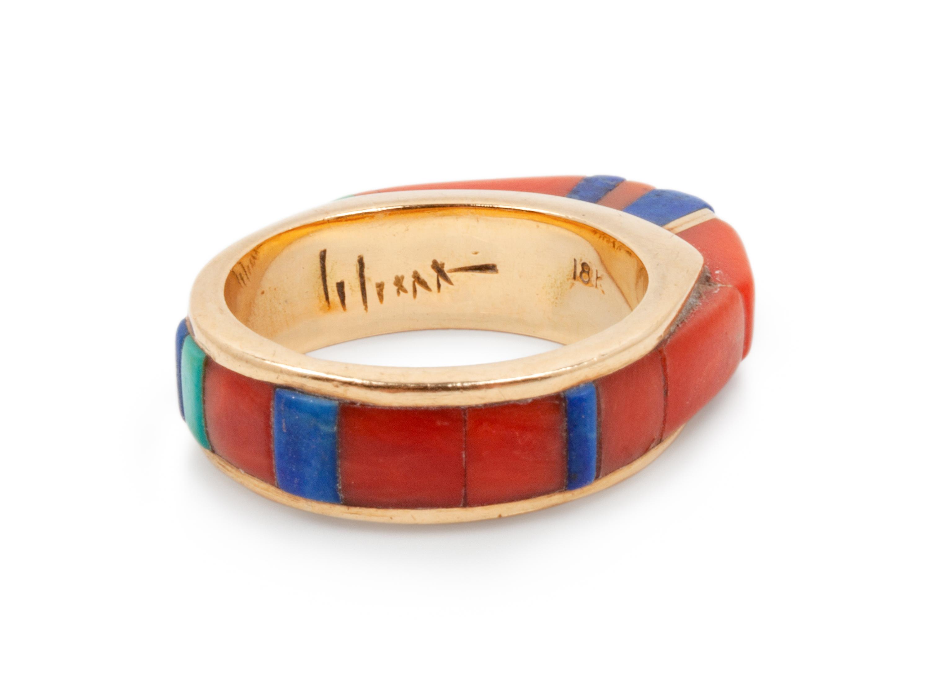 14k Gold Ring with Turquoise, Coral, and Lapis Inlay
