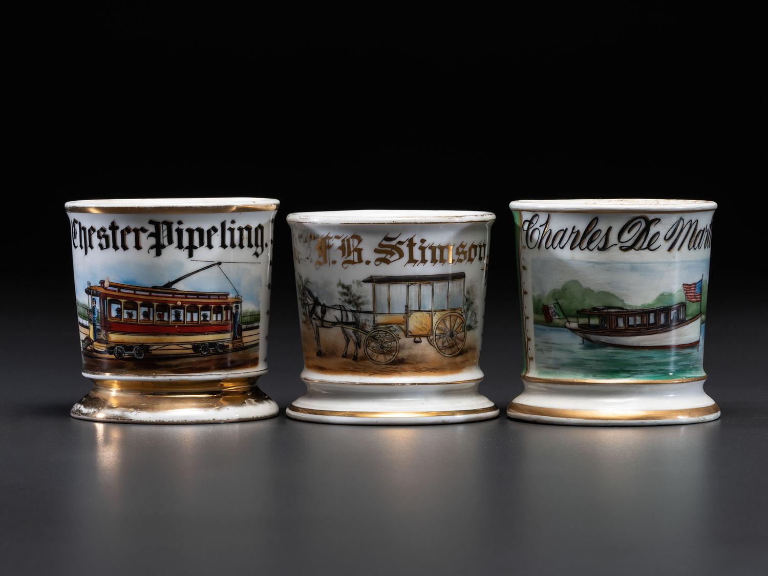 Three Transportation Related Porcelain Occupational Shaving Mugs
