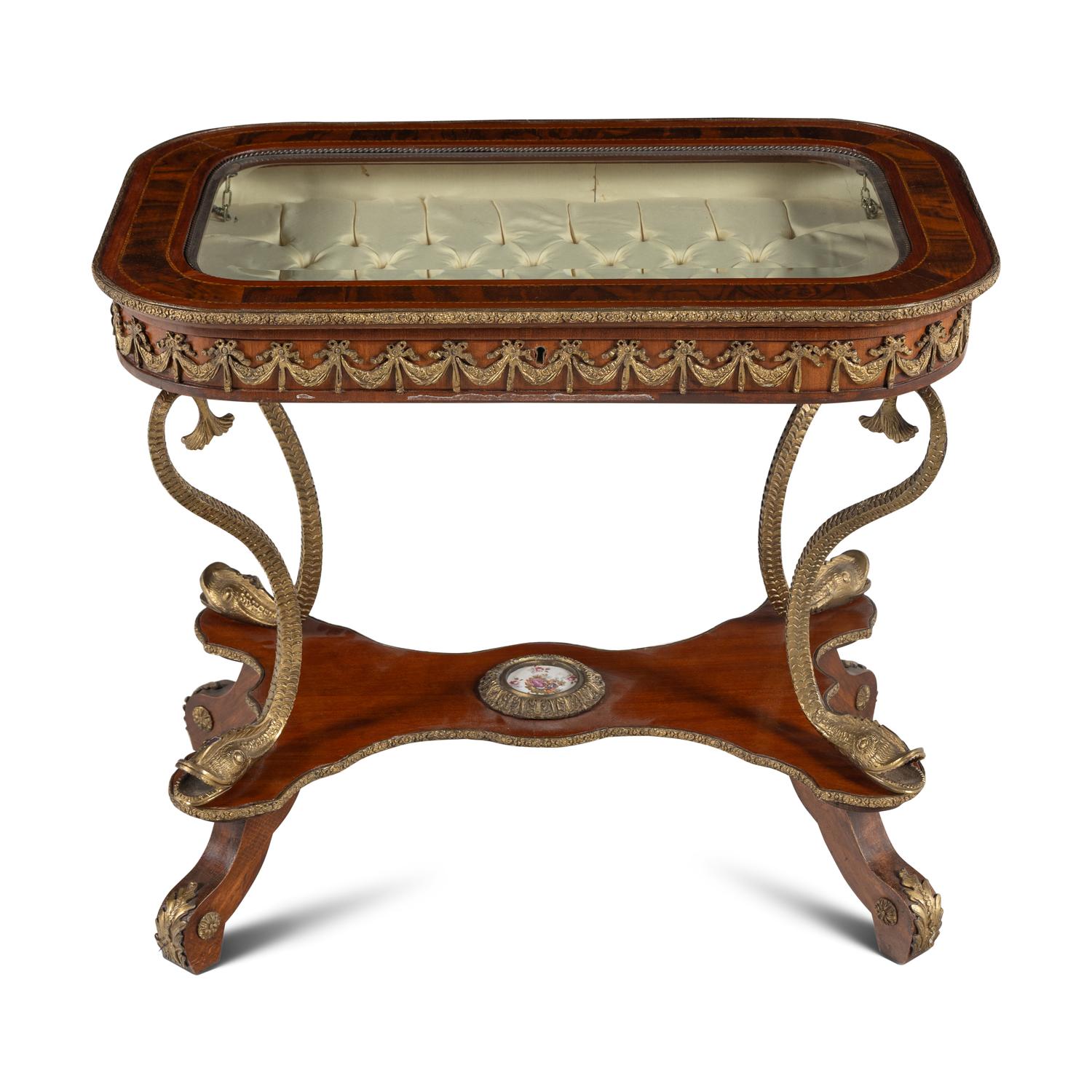 A Neoclassical Style Gilt Metal Mounted Mahogany Vitrine Table