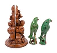A Pair of Chinese Export Sancai Glazed Parrots and a Pair of Carved Wall Brackets