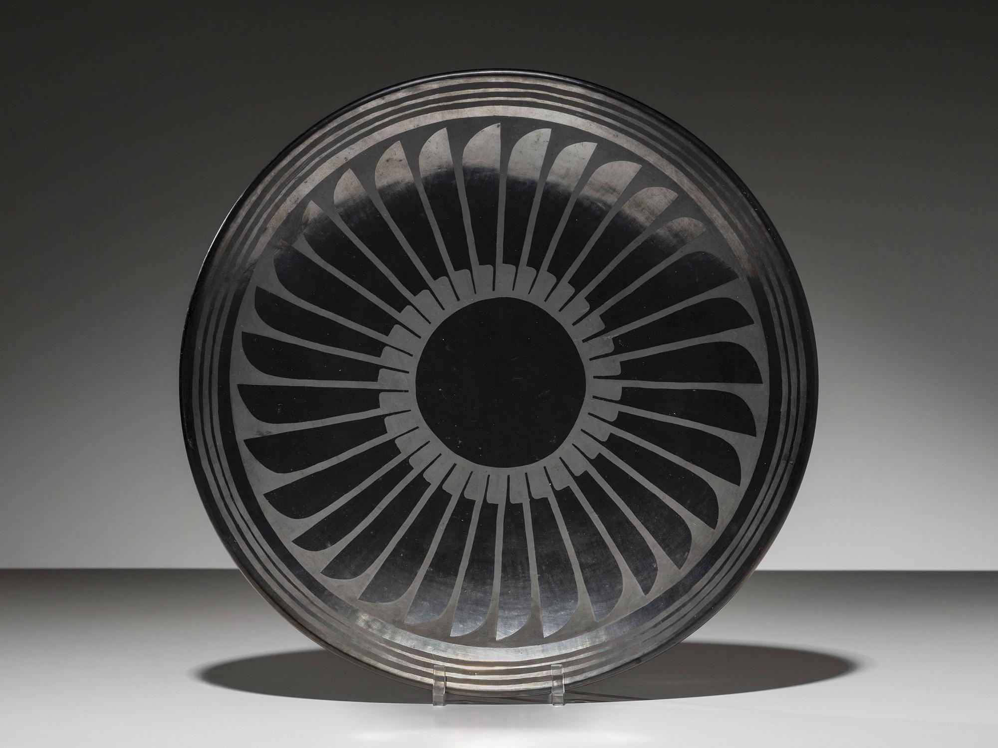 Blackware Pottery Charger, with Repeating Feathers 1924-1943