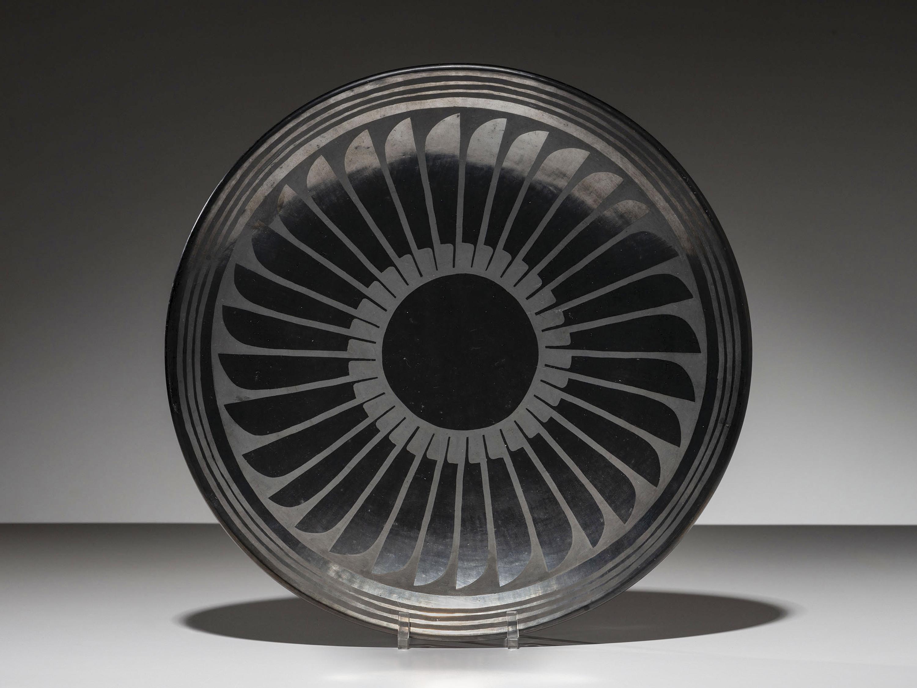 Blackware Pottery Charger, with Repeating Feathers 1924-1943
