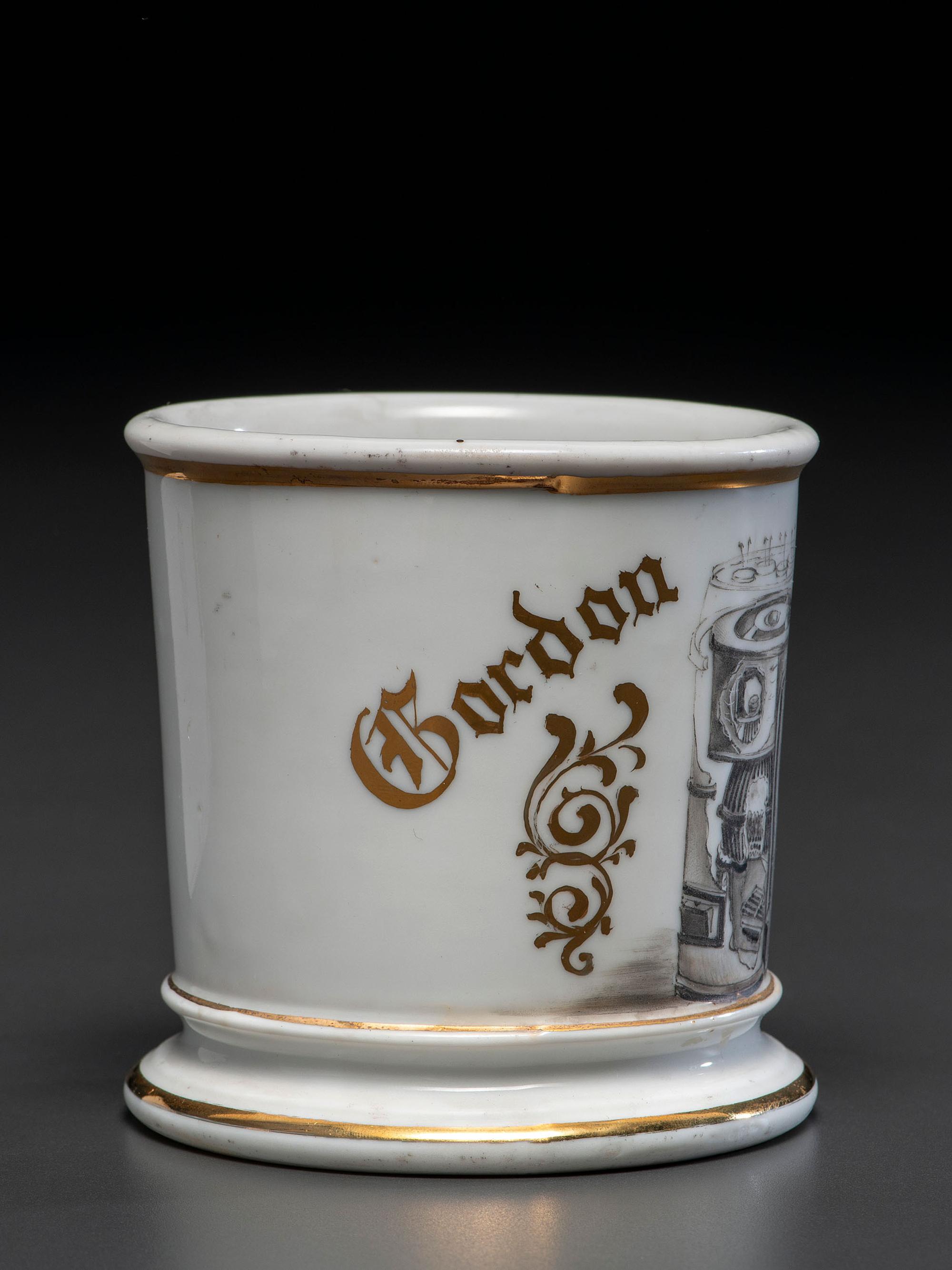 A Porcelain Occupational Shaving Mug Depicting a Cutaway Boiler