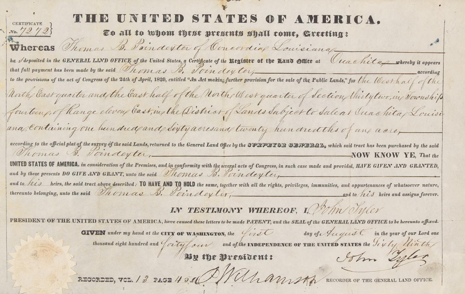 [Presidential] Tyler, John. Partially-Printed Document, signed