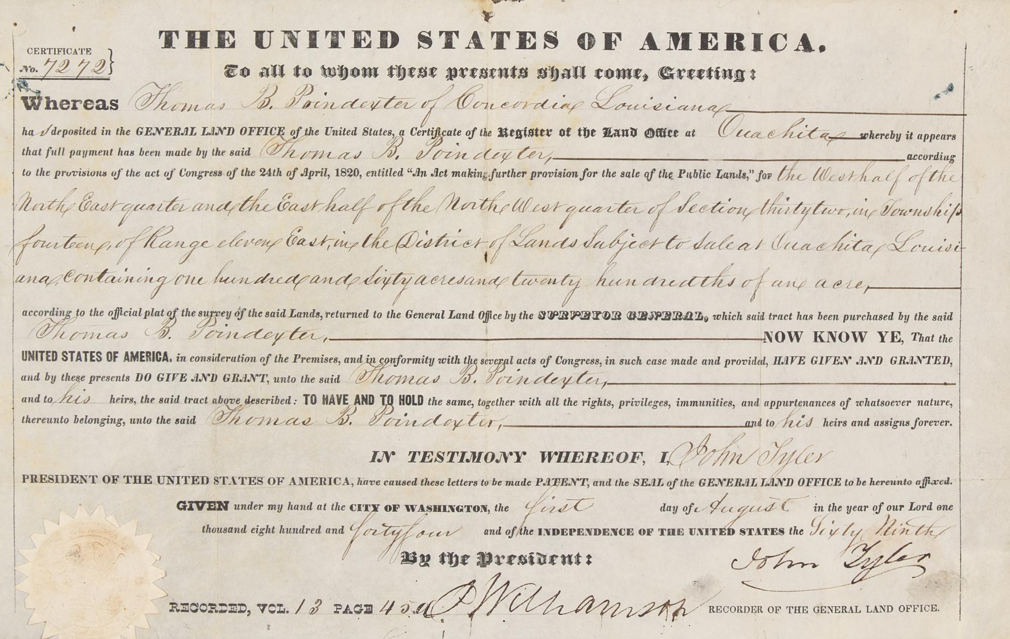 [Presidential] Tyler, John. Partially-Printed Document, signed