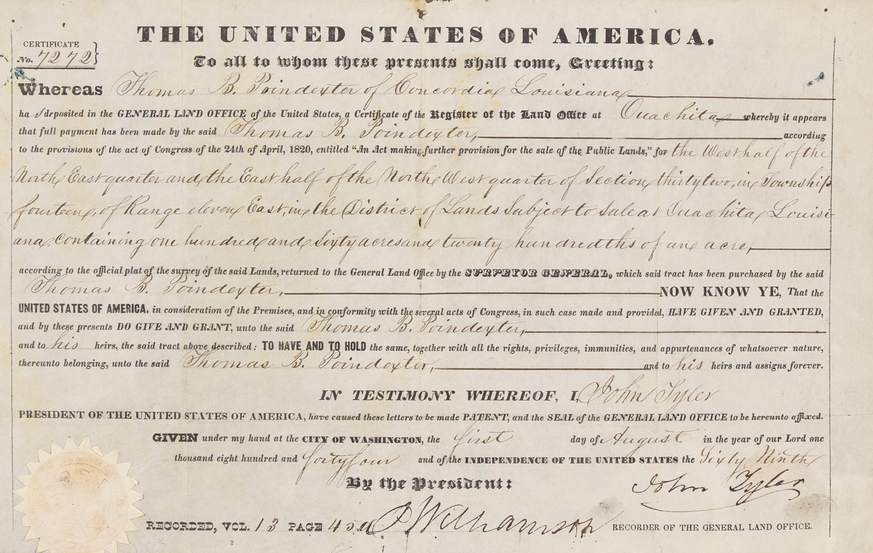 [Presidential] Tyler, John. Partially-Printed Document, signed