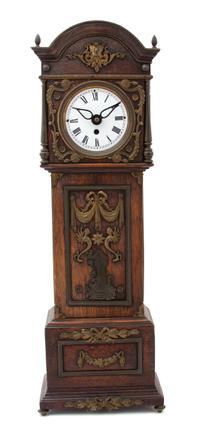 A Gilt Bronze Mounted Oak Miniature Tall Case Clock Height 23 1/2 x width 8 x 4 3/4 inches. — 19TH CENTURY