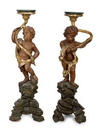 A Pair of Italian Painted and Parcel Gilt Figural Torcheres — 18TH CENTURY