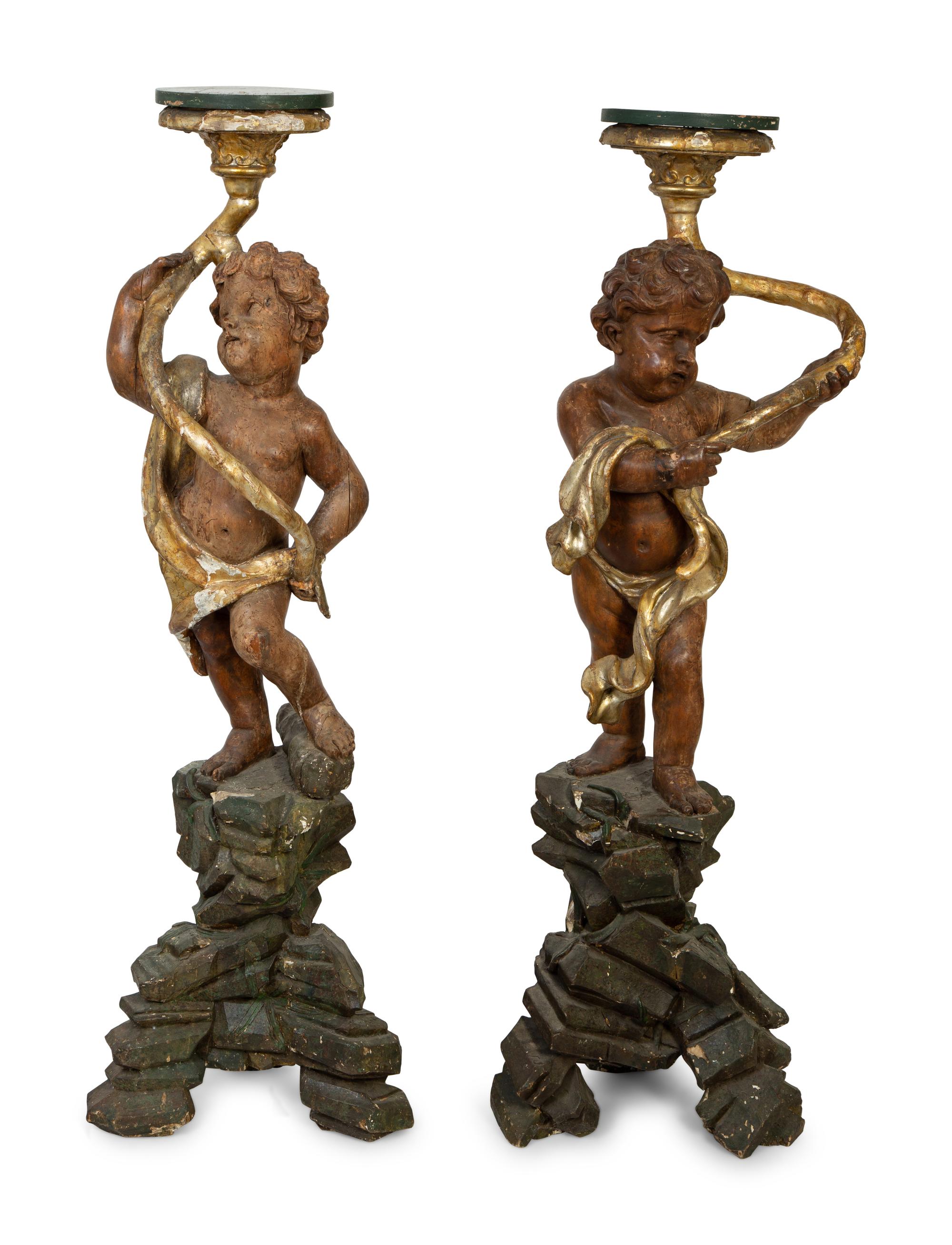 A Pair of Italian Painted and Parcel Gilt Figural Torcheres — 18TH CENTURY