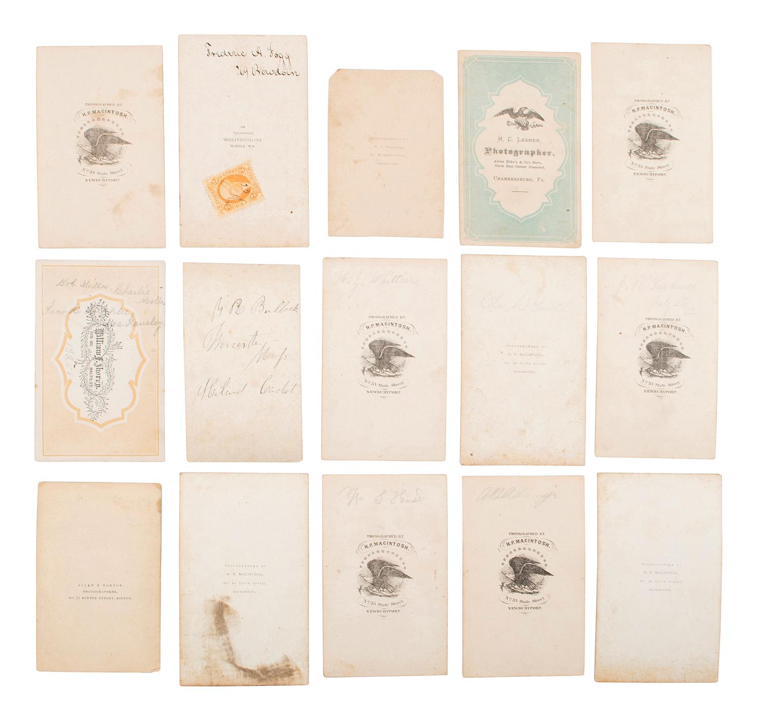 [EARLY PHOTOGRAPHY]. A collection of CDVs, cabinet cards, and real photo postcards, highlighted by a view of Seth Kinman's chair, an occupational view of women at work, views of young men prior to enlisting in the Civil War, and portraiture.