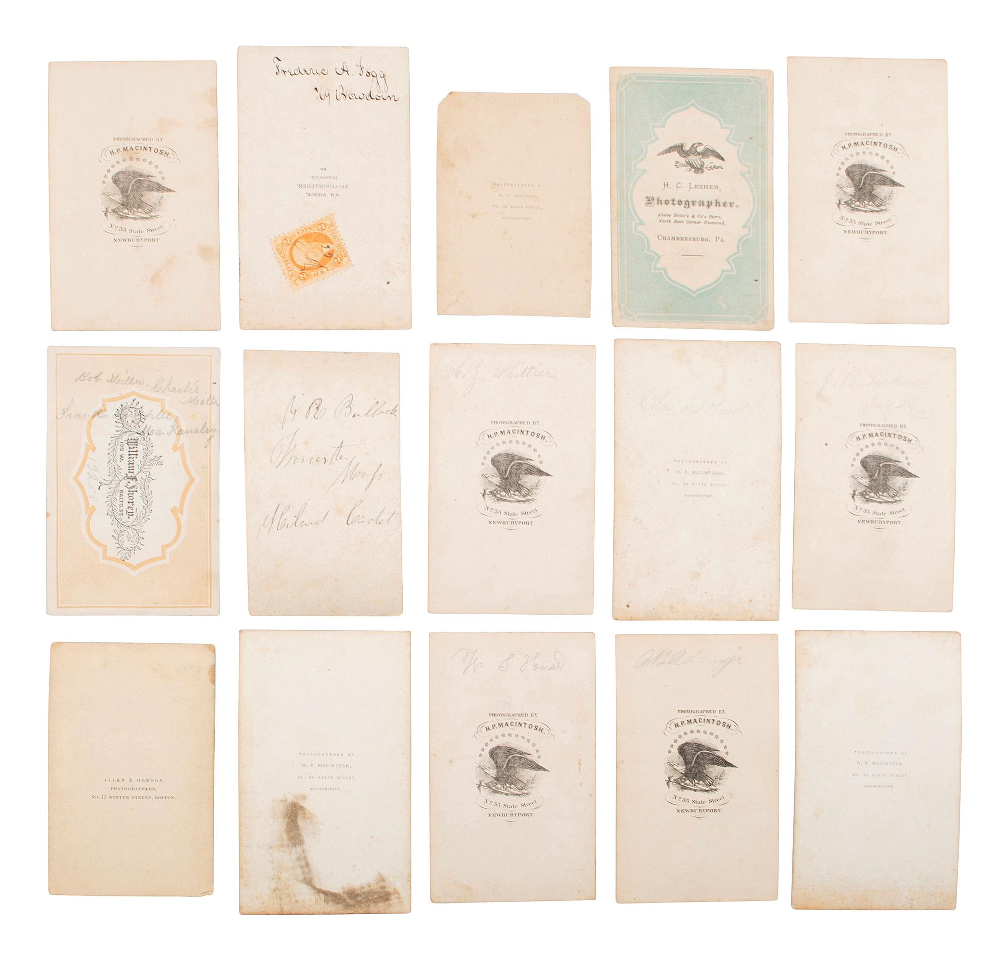 [EARLY PHOTOGRAPHY]. A collection of CDVs, cabinet cards, and real photo postcards, highlighted by a view of Seth Kinman's chair, an occupational view of women at work, views of young men prior to enlisting in the Civil War, and portraiture.