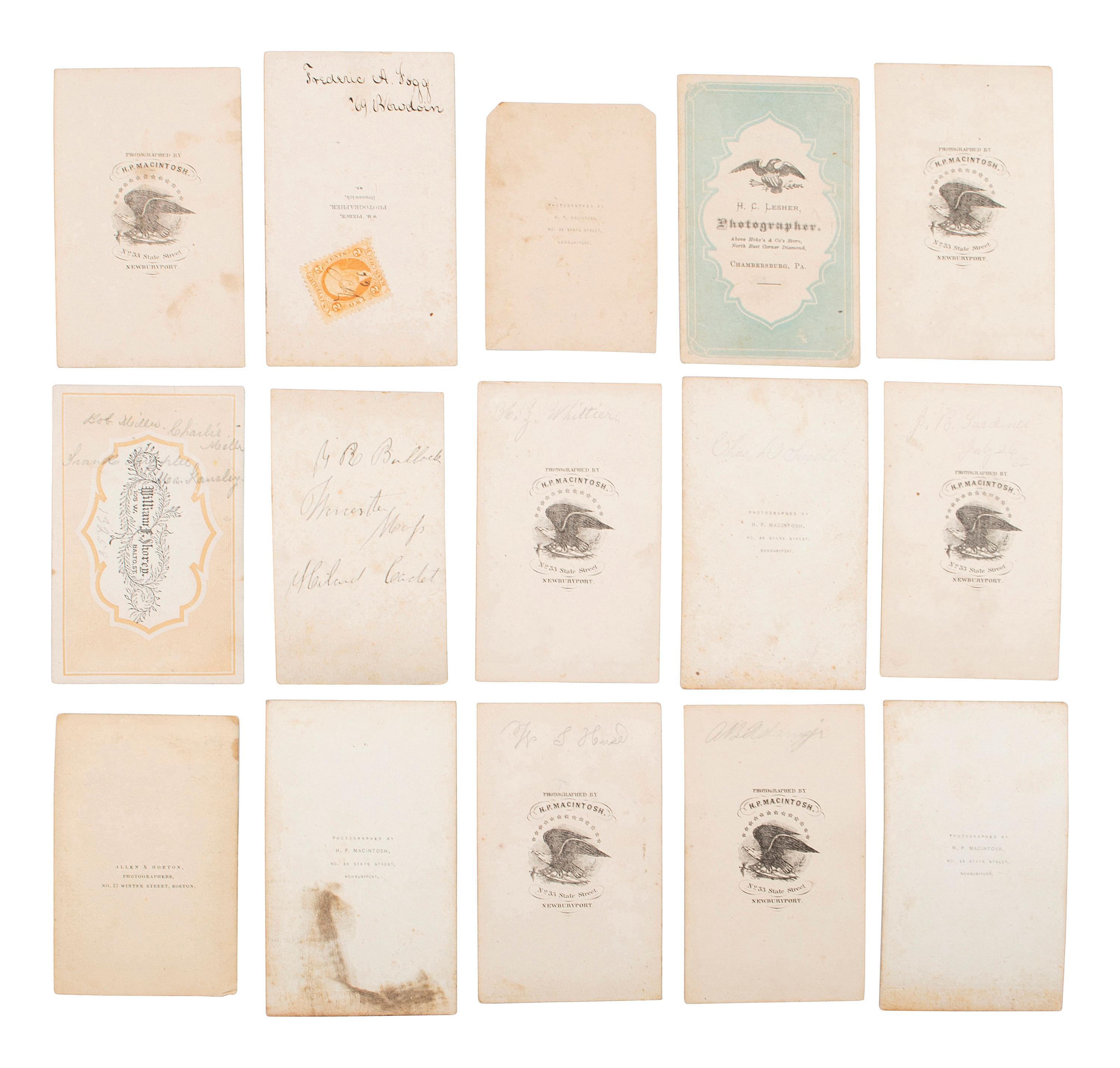 [EARLY PHOTOGRAPHY]. A collection of CDVs, cabinet cards, and real photo postcards, highlighted by a view of Seth Kinman's chair, an occupational view of women at work, views of young men prior to enlisting in the Civil War, and portraiture.