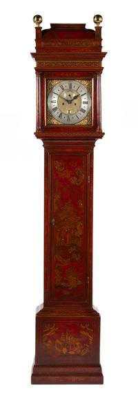 A George II Red Japanned Tall Case Clock Height 94 x width 19 inches.