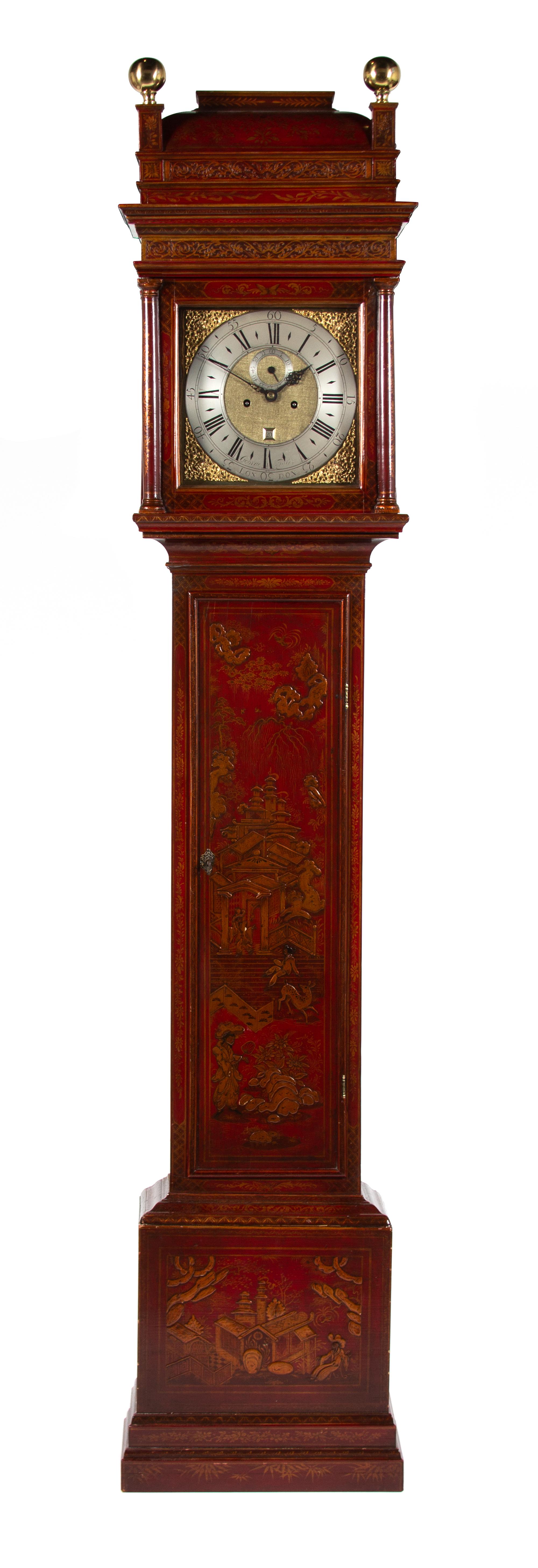 A George II Red Japanned Tall Case Clock Height 94 x width 19 inches.