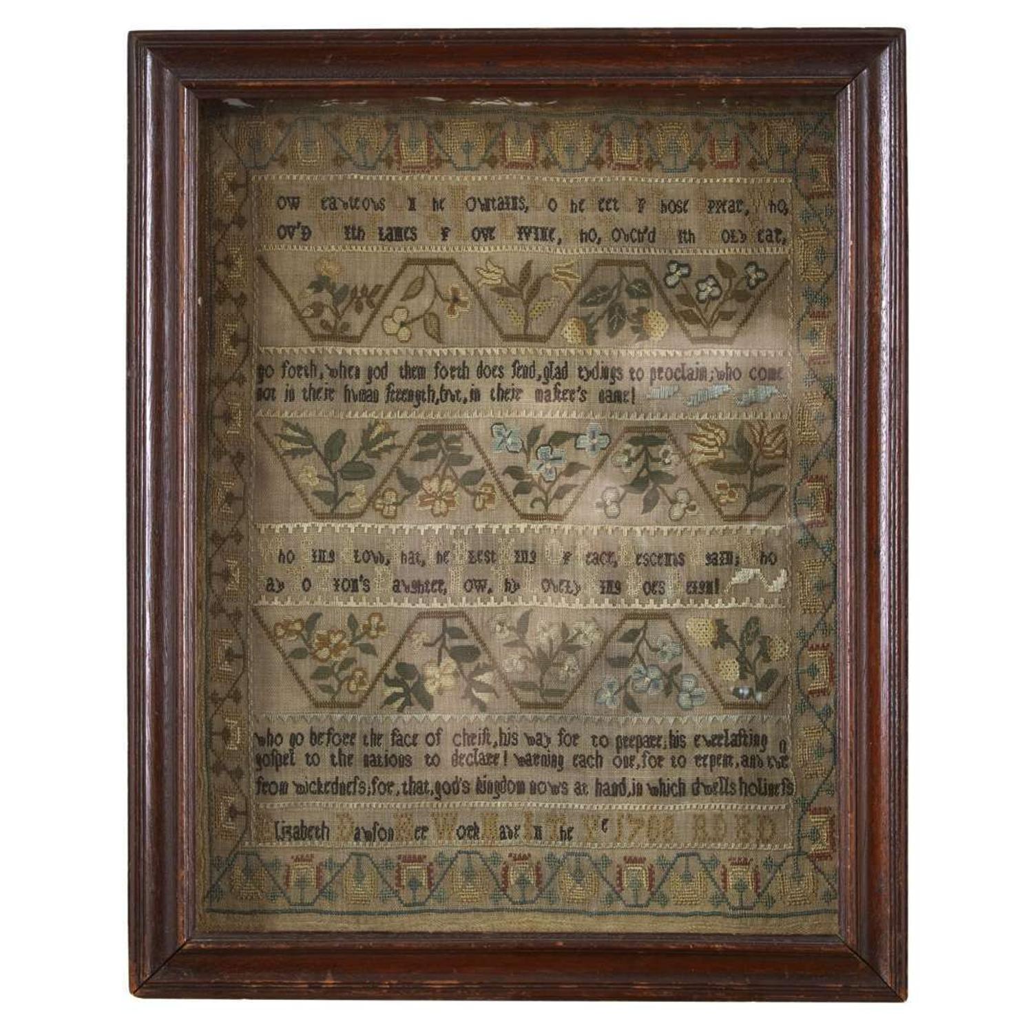 Needlework sampler "Elizabeth Dawson her work in the year 1788"