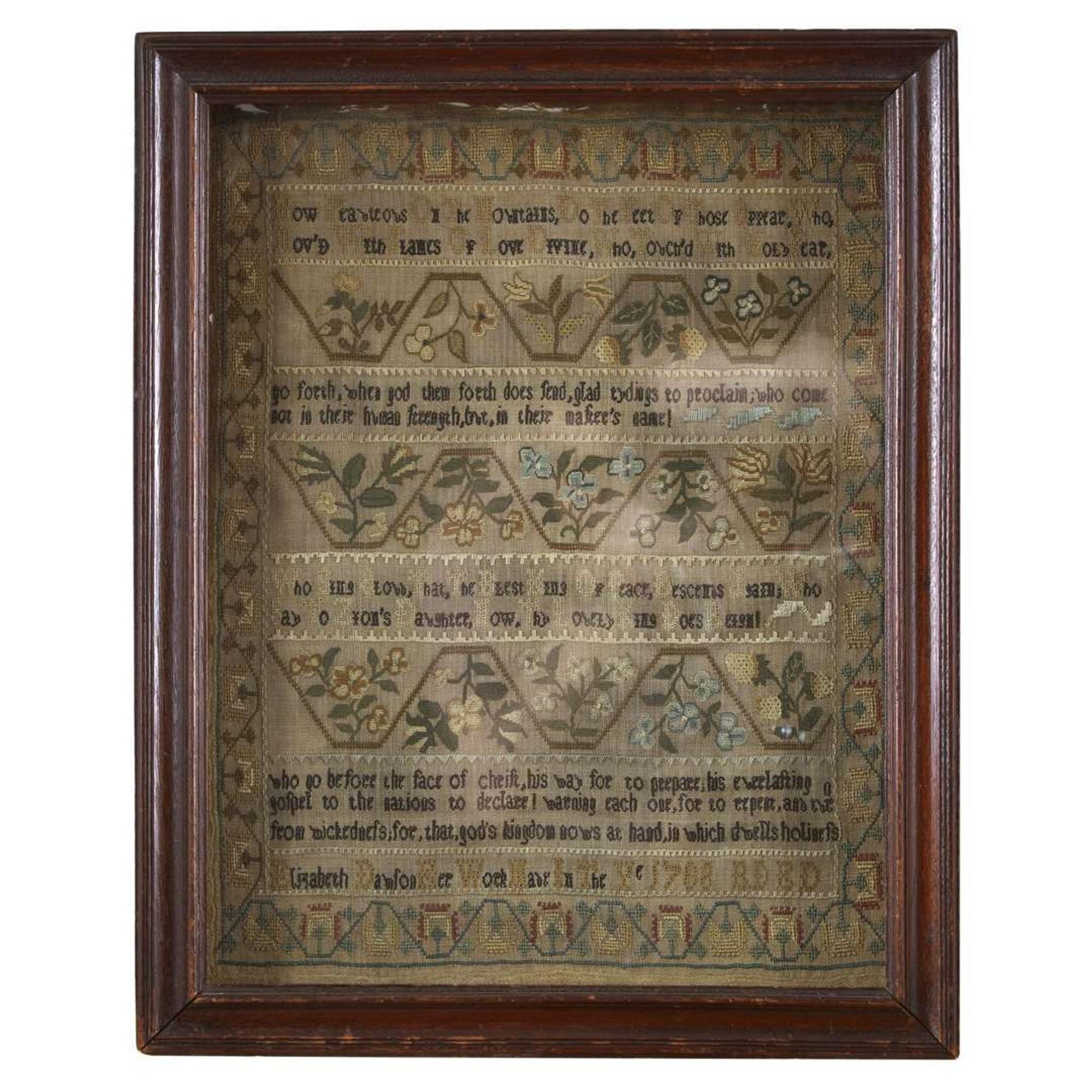 Needlework sampler "Elizabeth Dawson her work in the year 1788"