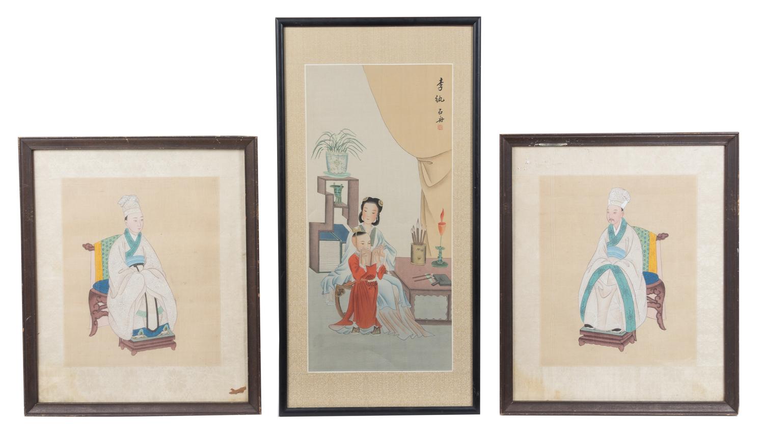 Three Ink and Color Paintings on Silk Height of first 15 x width 18 inches.