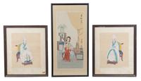 Three Ink and Color Paintings on Silk Height of first 15 x width 18 inches.