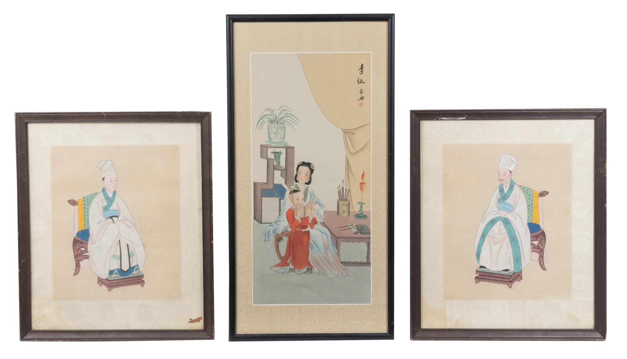 Three Ink and Color Paintings on Silk Height of first 15 x width 18 inches.