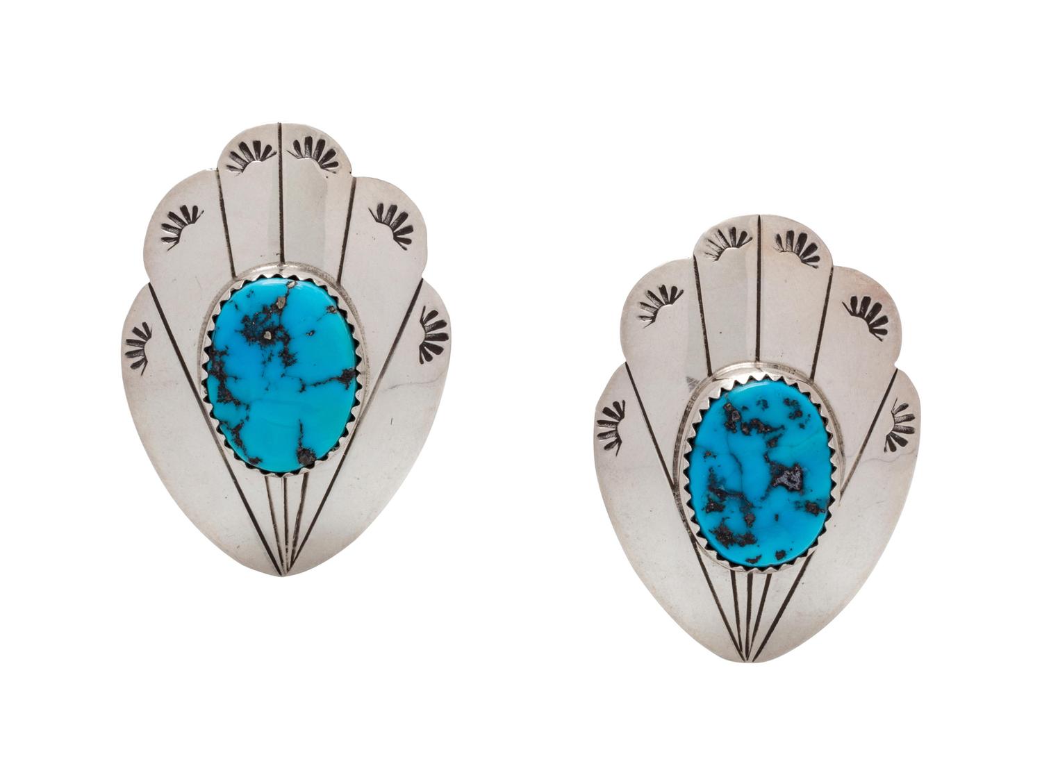 A Pair of Sterling Silver and Turquoise Earclips, Rose Werito,