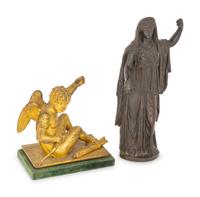 A Continental Gilt Bronze Figure of Cupid and a Bronze Figural Mount