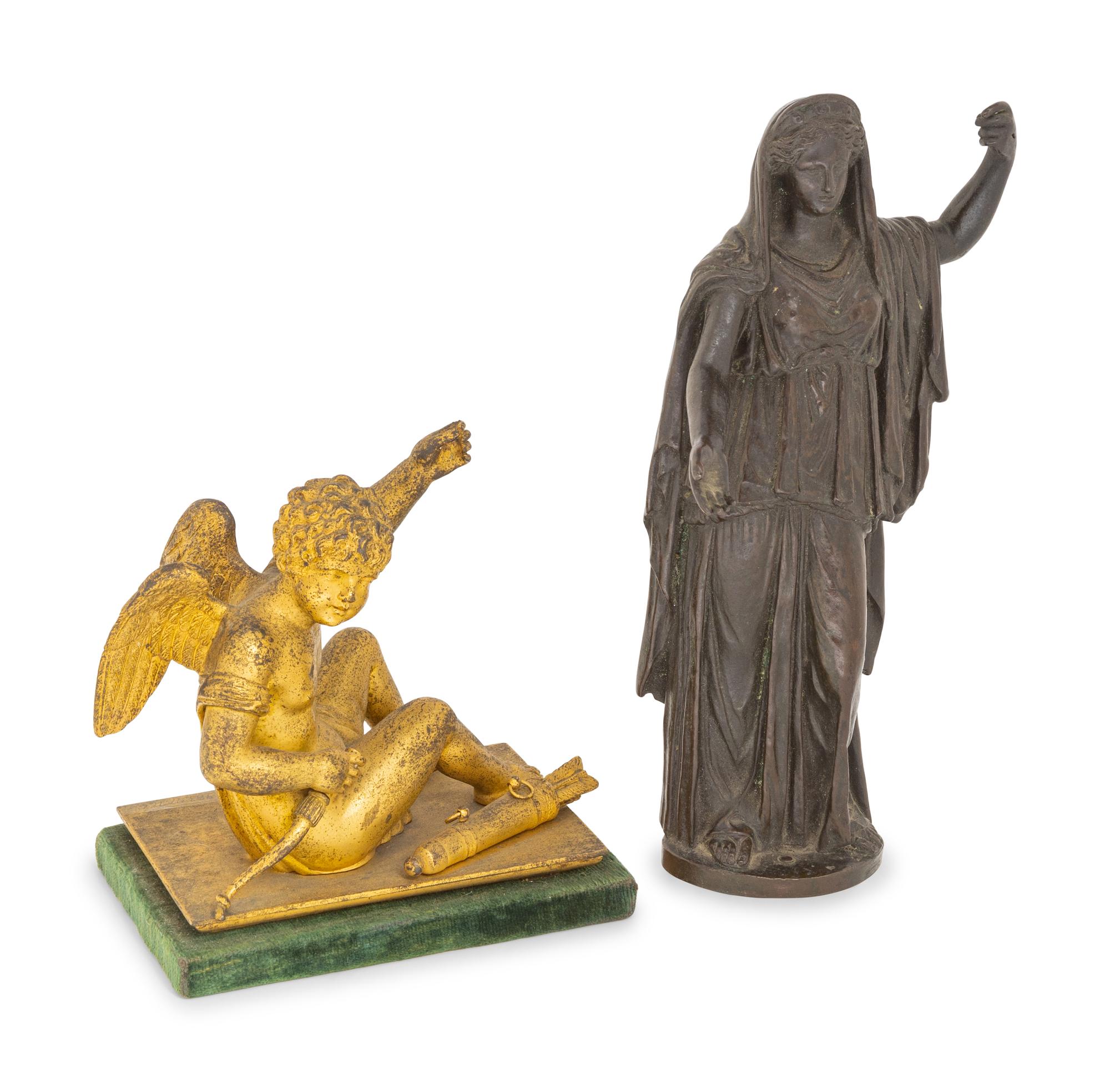 A Continental Gilt Bronze Figure of Cupid and a Bronze Figural Mount