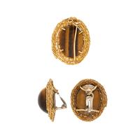 TIGER'S EYE AND YELLOW GOLD EARRINGS AND PENDANT/BROOCH