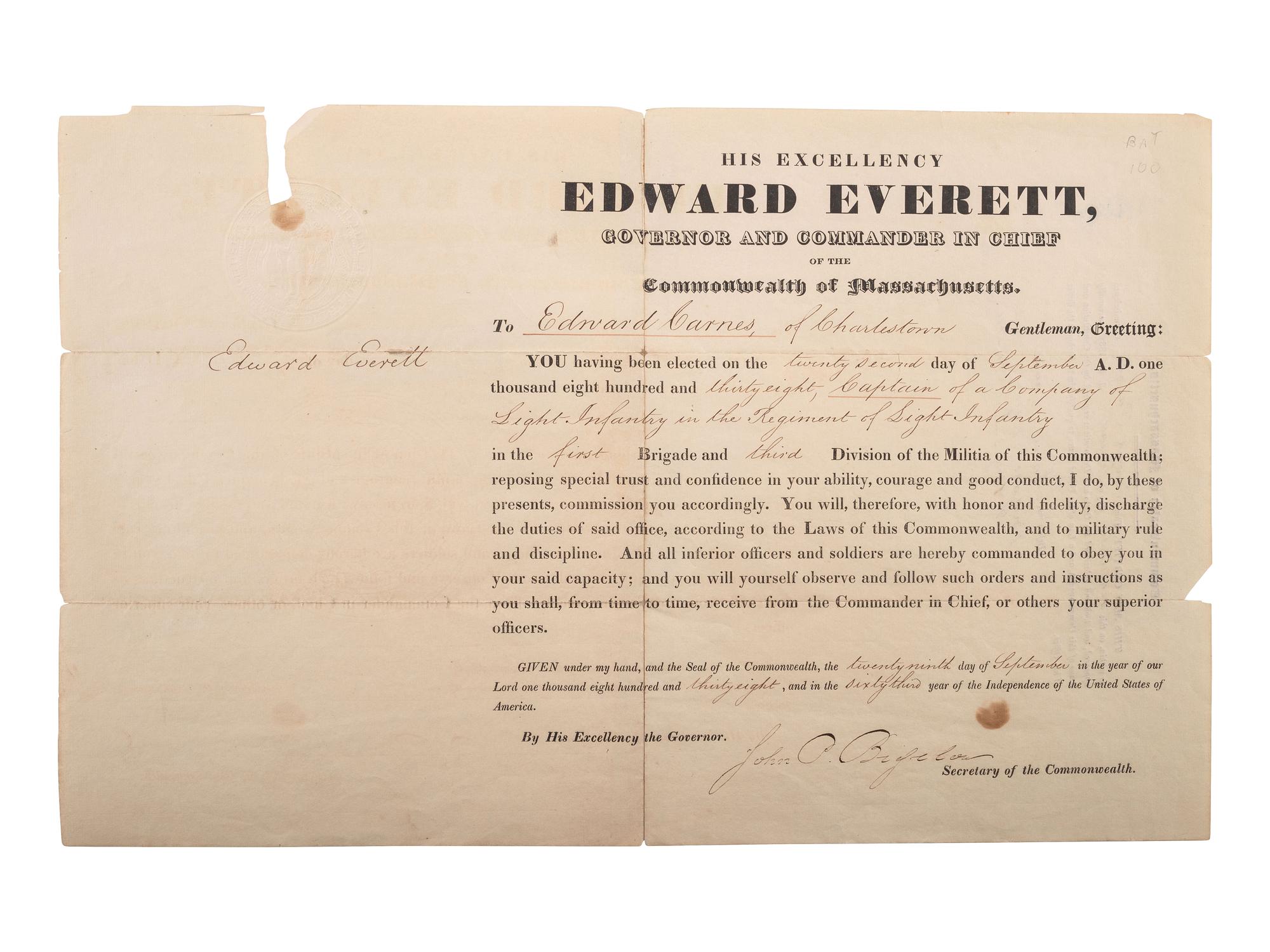 EVERETT, Edward (1794-1865). Document signed as Governor of Massachusetts. [Boston?], 29 Sept. 1838.