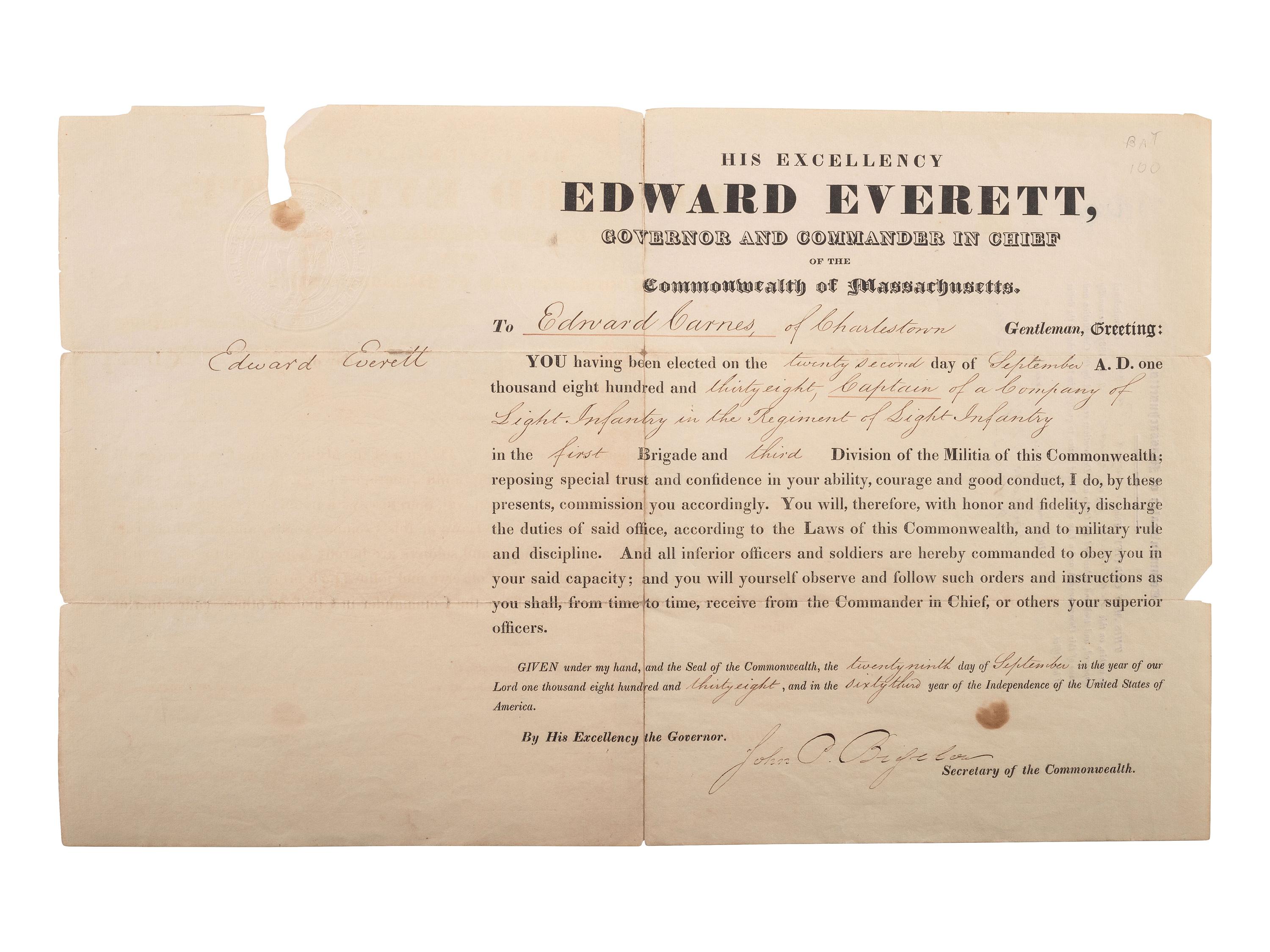 EVERETT, Edward (1794-1865). Document signed as Governor of Massachusetts. [Boston?], 29 Sept. 1838.