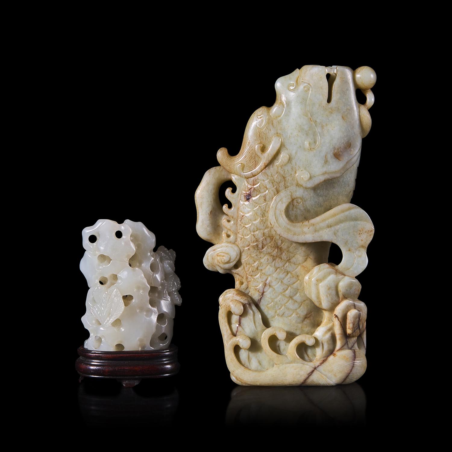 Two Chinese Jade Carvings, Qing Dynasty and Later 清-近代 青白玉雕鯉魚化龍花瓶及白玉山子各一