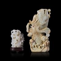 Two Chinese Jade Carvings, Qing Dynasty and Later 清-近代 青白玉雕鯉魚化龍花瓶及白玉山子各一