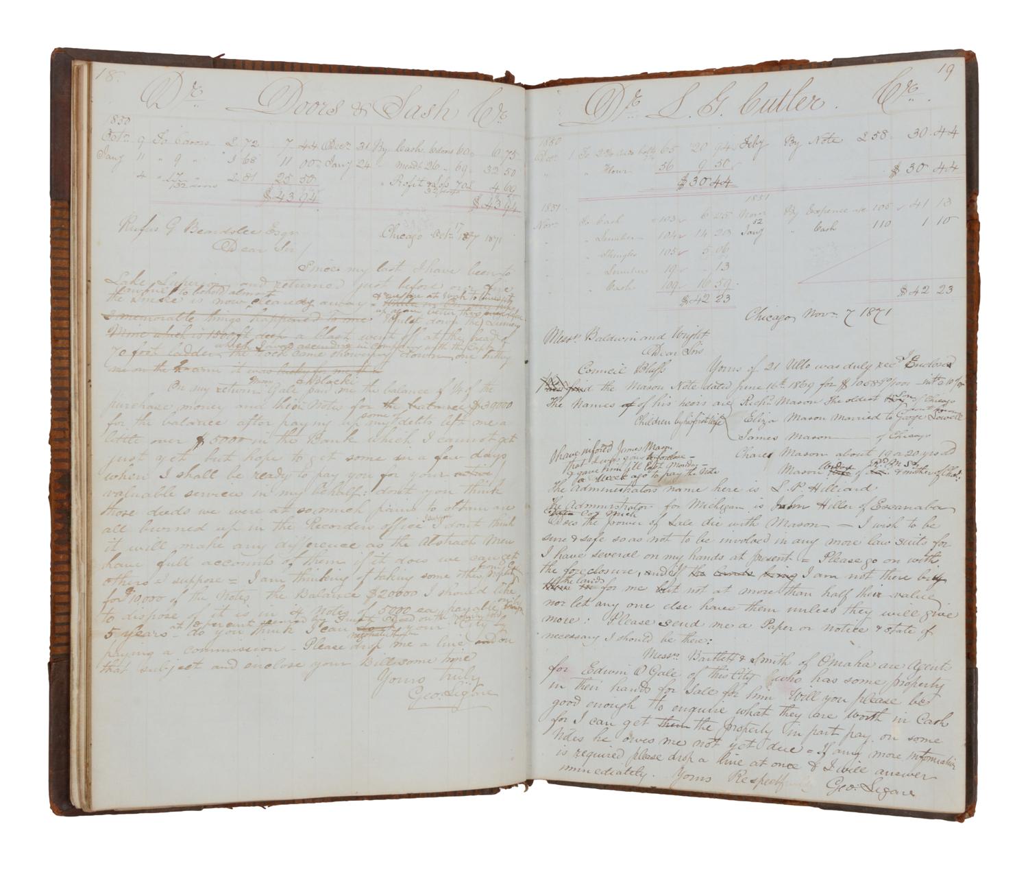 [CHICAGO HISTORY - CHICAGO FIRE]. MANUSCRIPT LEDGER of D. Clark and Company, Chicago, 1849-1873.
