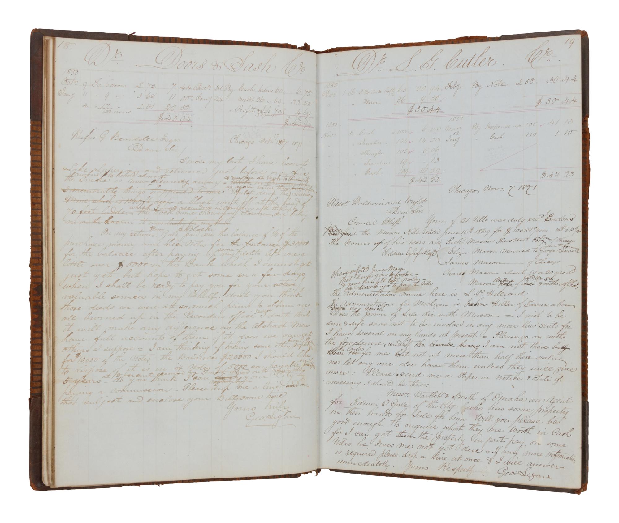 [CHICAGO HISTORY - CHICAGO FIRE]. MANUSCRIPT LEDGER of D. Clark and Company, Chicago, 1849-1873.