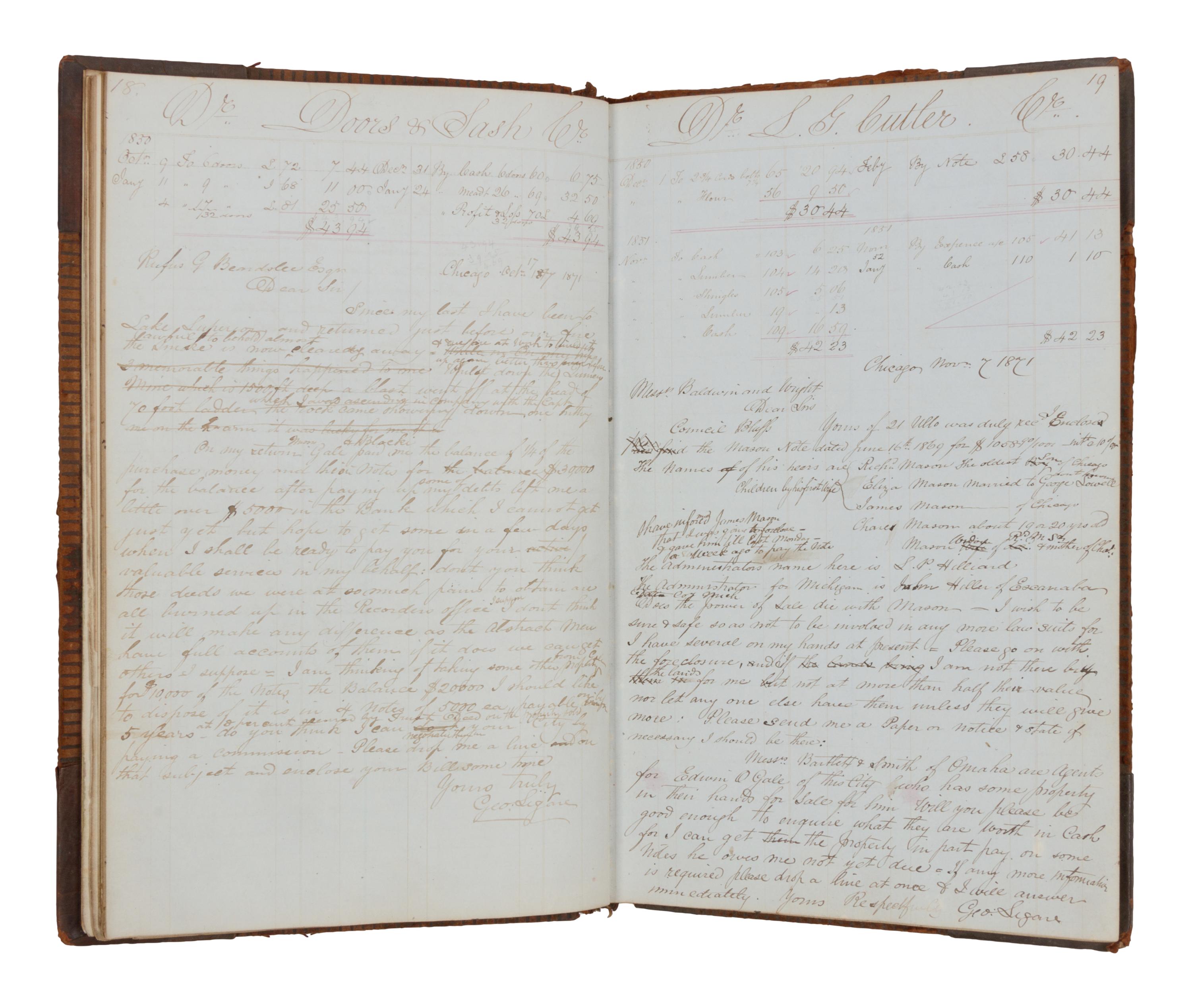 [CHICAGO HISTORY - CHICAGO FIRE]. MANUSCRIPT LEDGER of D. Clark and Company, Chicago, 1849-1873.